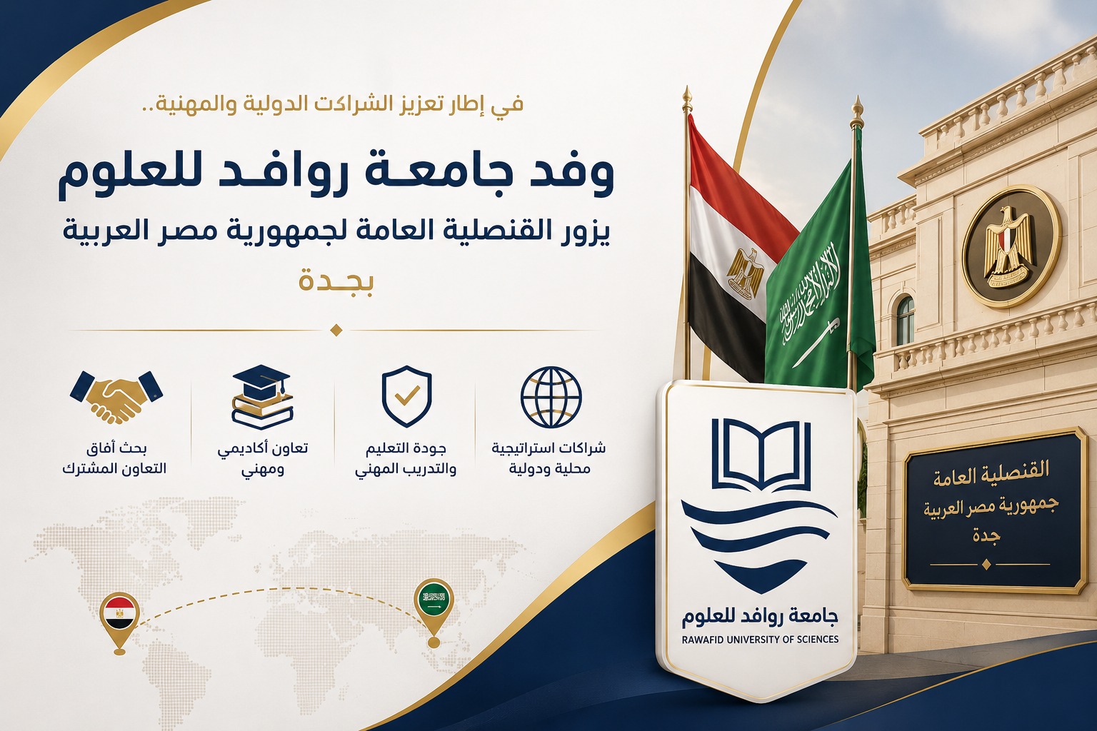 في إطار تعزيز الشراكات الدولية والمهنية، وفد "جامعة روافد للعلوم" يزور القنصلية العامة لجمهورية مصر العربية بجدة